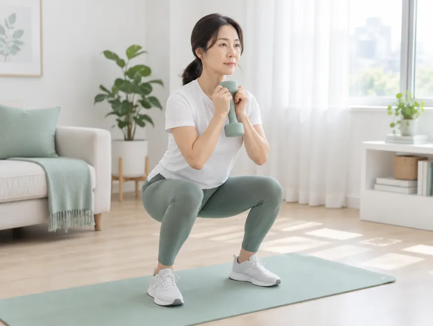 집에서 덤벨을 들고 스쿼트를 하는 40대 여성