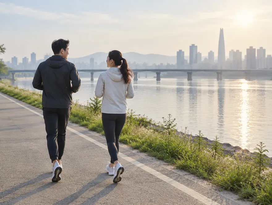 아침에 한강변을 빠르게 걷는 남녀